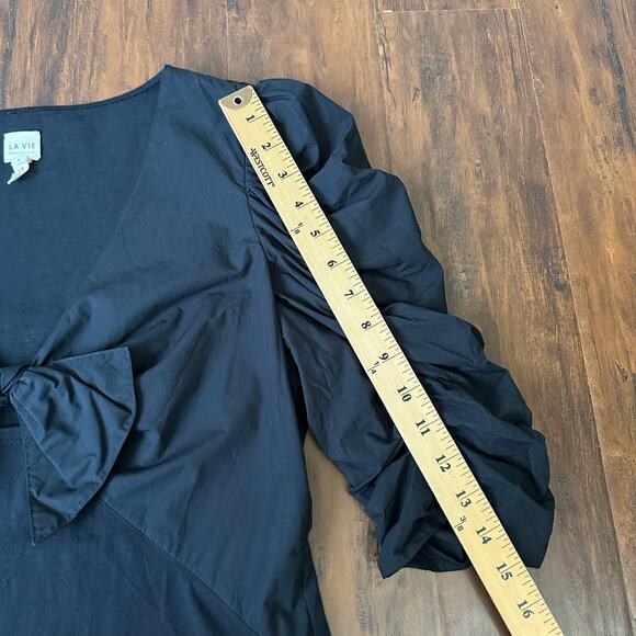 LA VIE REBECCA TAYLOR Poplin Blouse Black Ruched Sleeve V-Neck Bow - Picture 12 of 12